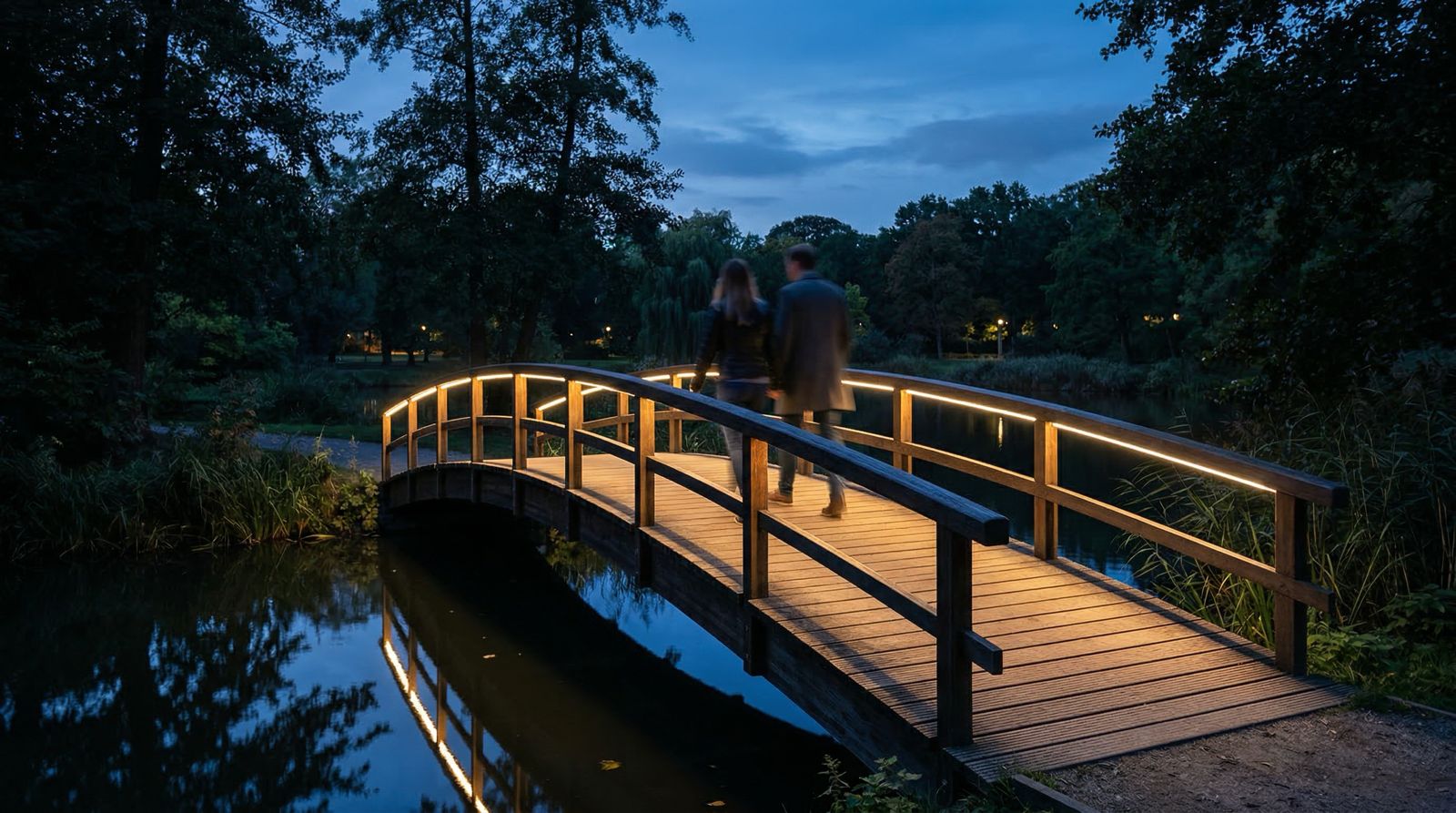 Brugverlichting in houten bruggen in parken geeft gericht licht en biedt sociale veiligheid