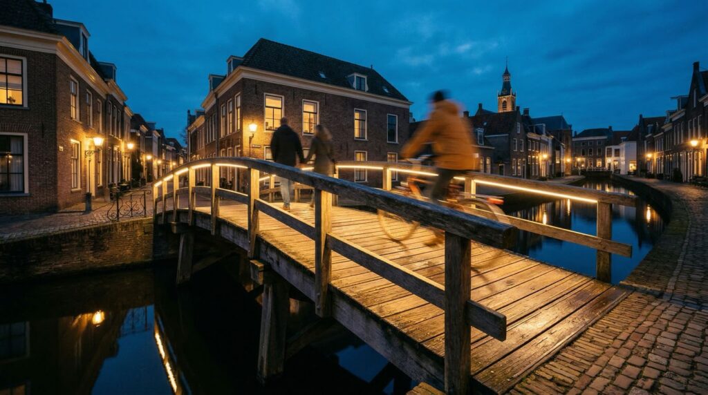 Brugverlichting in verlichte brugleuning met ILLUNOX Lumiforce armaturen. AI gegenereerd als voorbeeld